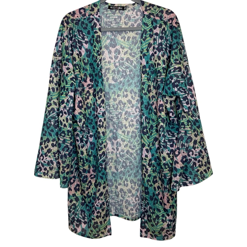 Tropical Leopard Print Open Front Kimono Topper XL